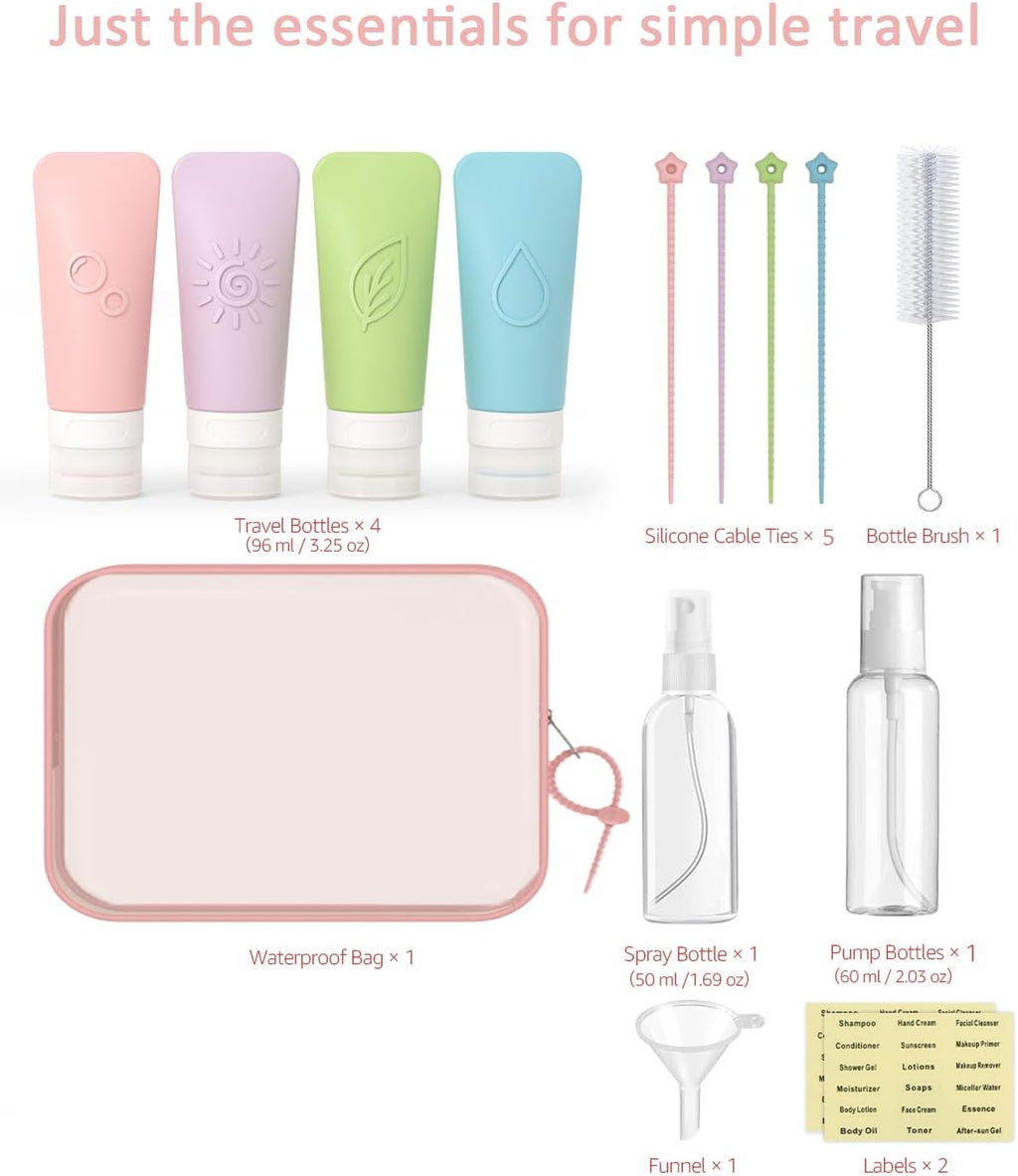16-Piece Silicone Travel Bottles Set – TSA Approved Leakproof Toiletry Kit with Flat Easy-Squeeze Bottles. Pump & Spray. Waterproof Bag