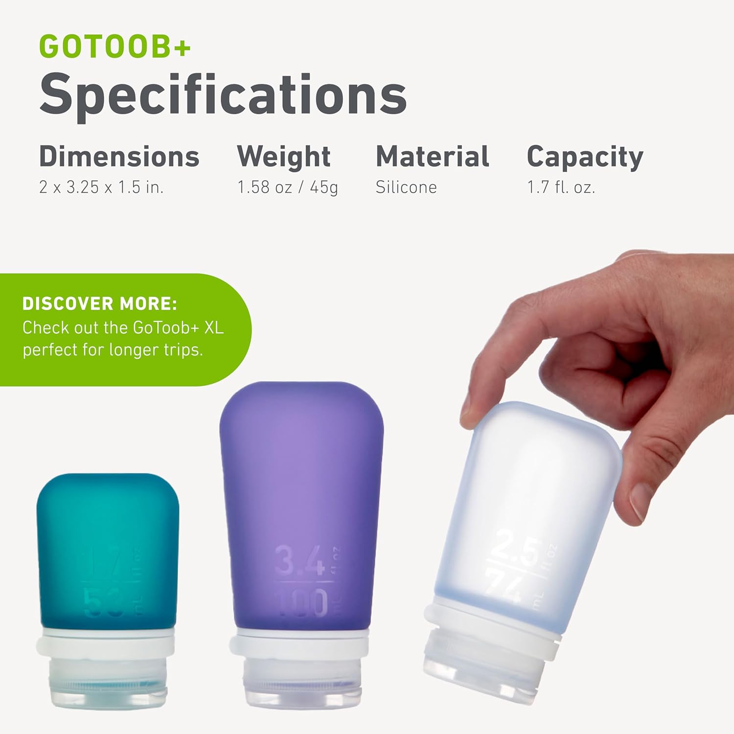 humangear GoToob+ 3-Pack (Small) | Refillable Silicone Travel Bottle | Locking Lid | Food-Safe Material. Clear/Green/Blue. Small (1.7 fl.oz; 53ml)